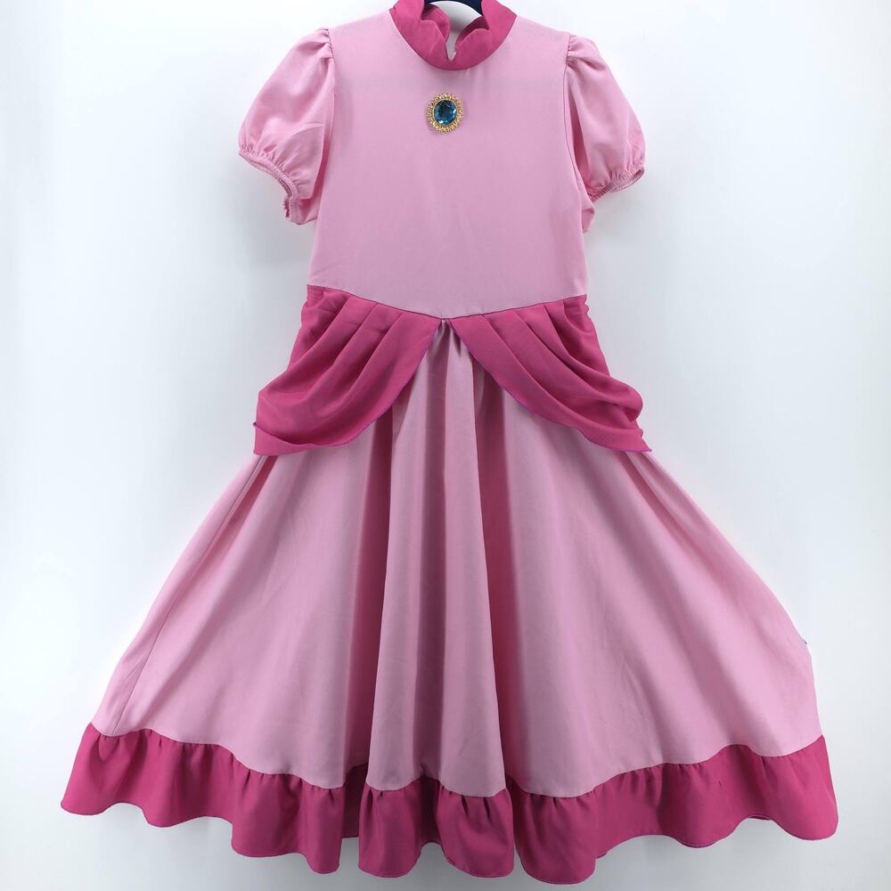 Princess Peach Dress Girls 6-8 Pink Twill High Neck Puff Sleeve Lined Medallion